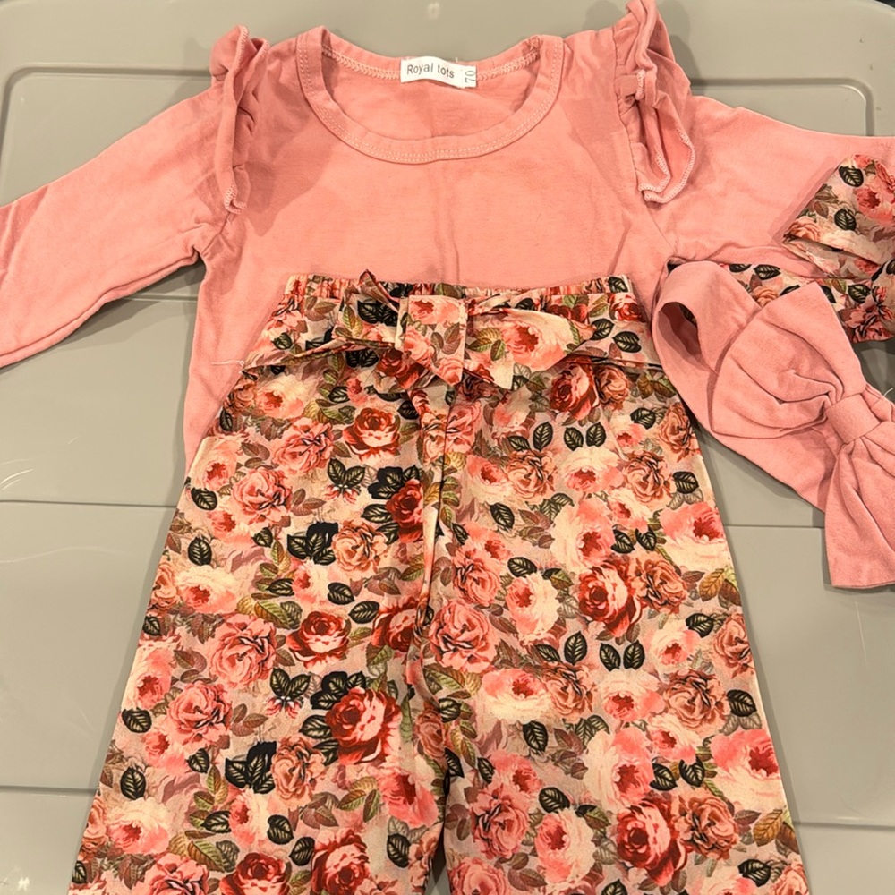 0-6 months size 70 Baby Girl Pink Floral Matching Outfit Set with Bows